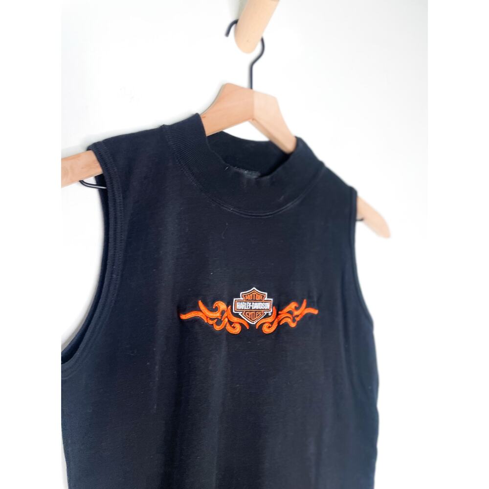 Harley Davidson Black Embroidered Mockneck Top Medium Sleeveless Biker Shirt - Picture 2 of 6